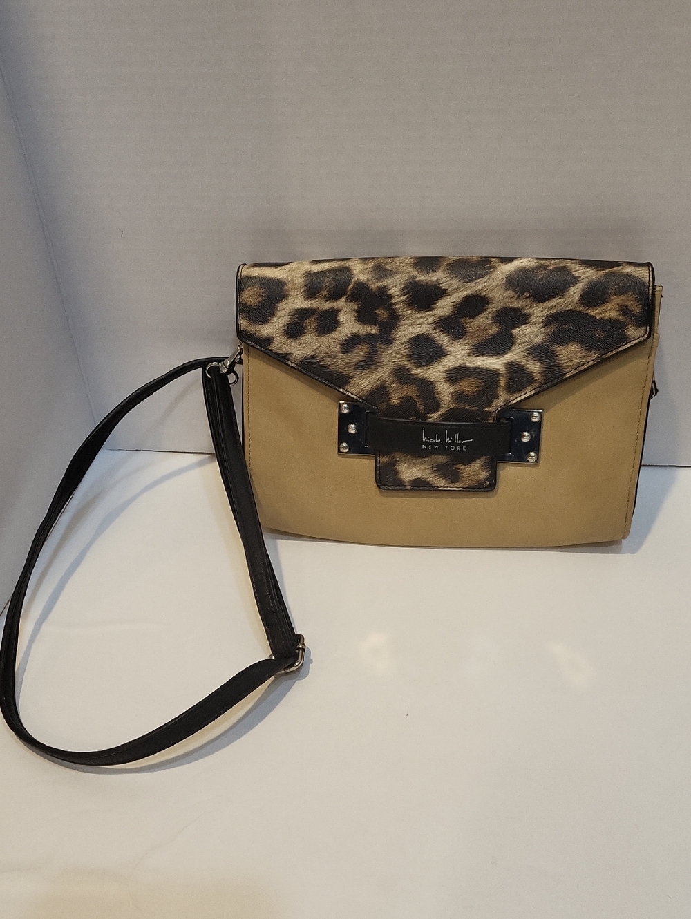 Leopard-Accent Flap Crossbody Bag in Tan and Black